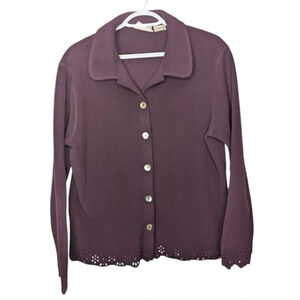Vintage Plum Eggplant Purple Button Down Eyelet Detailed Soft Fleece Cardigan L